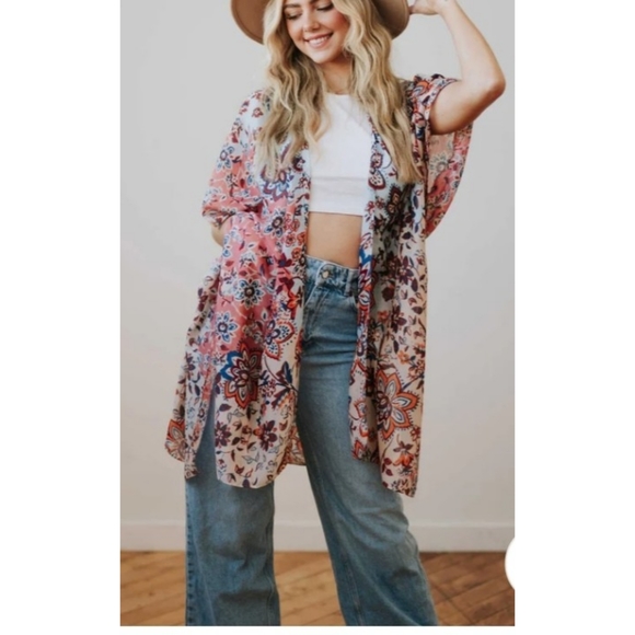 Lovely coral & blue flowy boho floral paisley print open front kimono - Picture 2 of 4